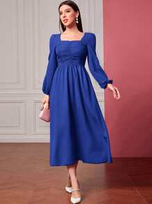 Modelyn Square Neck Ruched Lantern Sleeve Dress - Royal Blue - View 4