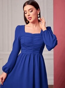Modelyn Square Neck Ruched Lantern Sleeve Dress - Royal Blue - View 5