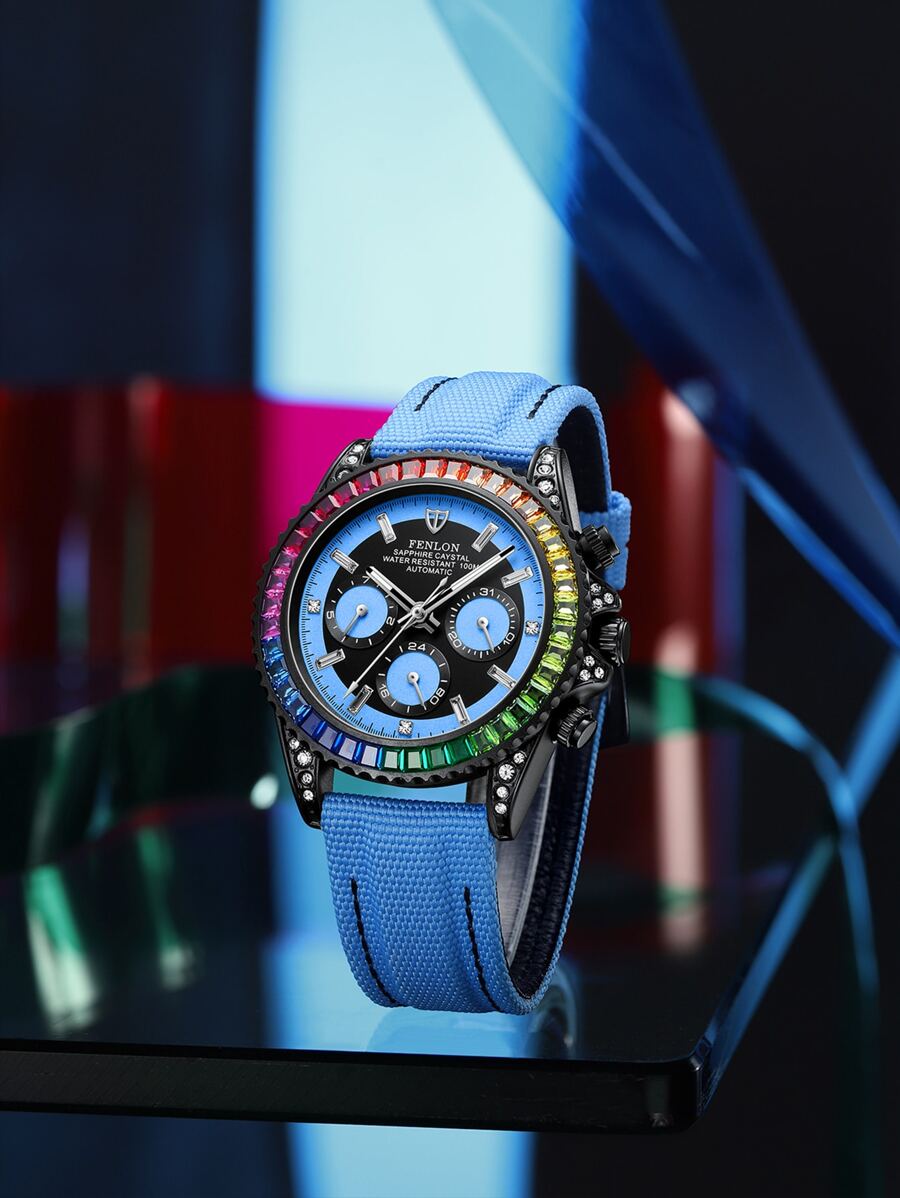 Men Round Dial Mechanical Watch - Blue - View 1