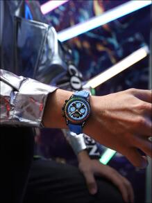 Men Round Dial Mechanical Watch - Blue - View 3