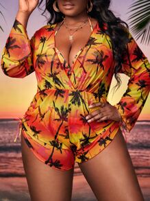 Slaydiva 夏季海灘大尺碼棕櫚樹圖案頸掛三角比基尼套裝，配套罩衫 - 彩色 - 查看 1