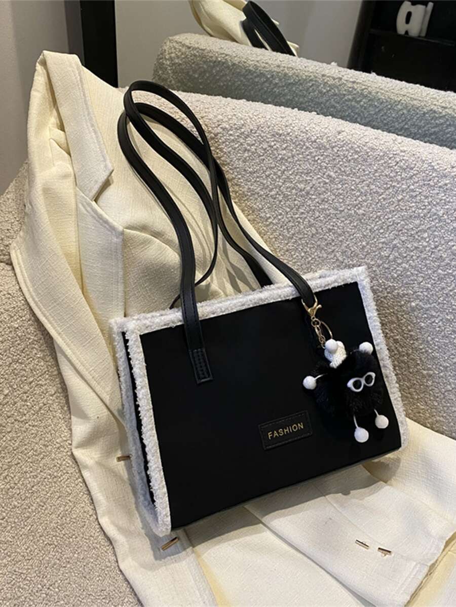 Letter Patch Decor Fuzzy Trim Square Bag - Black - View 1