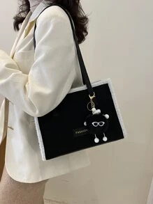 Letter Patch Decor Fuzzy Trim Square Bag - Black - View 7