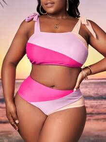 Plus Size Colorblock Tie Shoulder Bikini Set Summer Beach - Multicolor - View 1