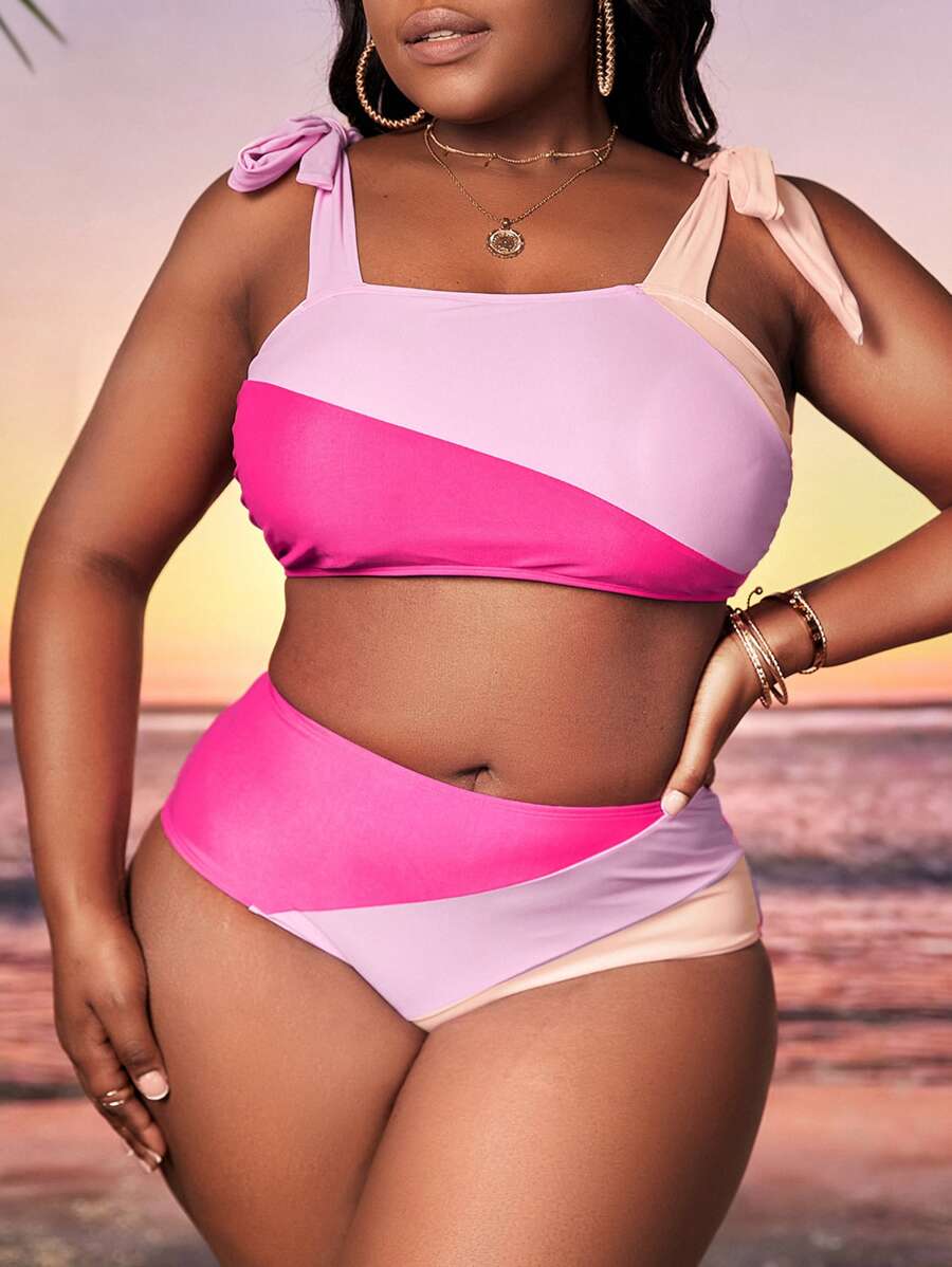 Plus Size Colorblock Tie Shoulder Bikini Set Summer Beach - Multicolor - View 1