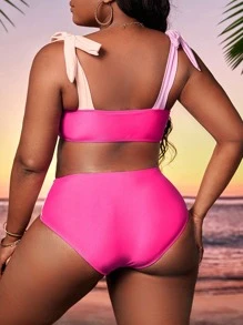Plus Size Colorblock Tie Shoulder Bikini Set Summer Beach - Multicolor - View 2