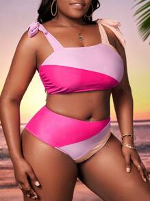 Plus Size Colorblock Tie Shoulder Bikini Set Summer Beach - Multicolor - View 3
