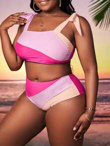 Plus Size Colorblock Tie Shoulder Bikini Set Summer Beach - Multicolor - View 4