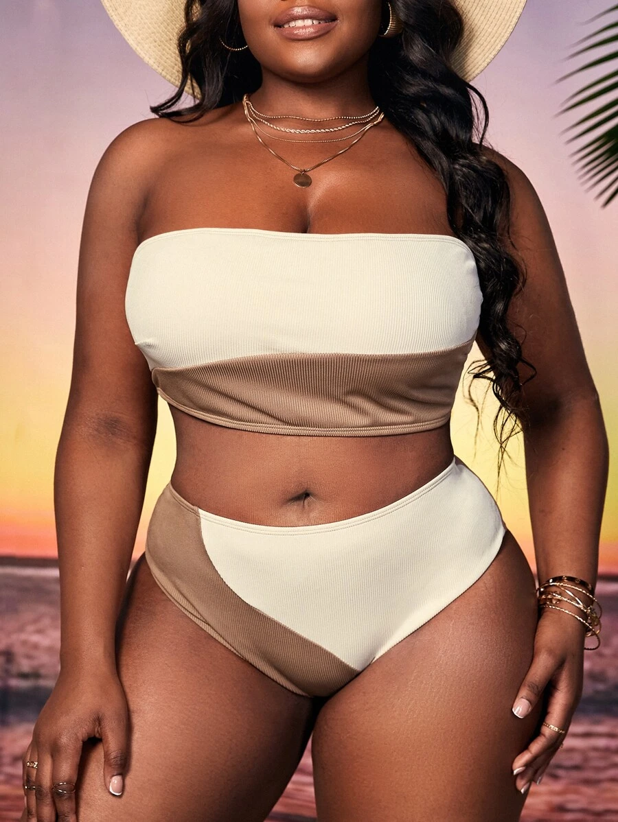 Conjunto de bikini bandeau de talla grande con bloque de color para playa en verano