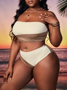 Conjunto de bikini bandeau de talla grande con bloque de color para playa en verano