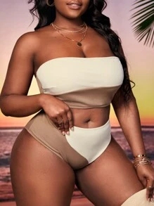 Conjunto de bikini bandeau de talla grande con bloque de color para playa en verano
