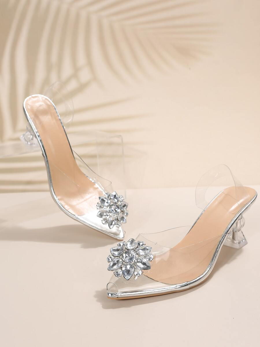 Rhinestone Decor Clear Strap Slingback Pumps, Women's Transparent High Heel Pumps With Clear Heels And Rhinestone Detail For Parties, Solid Color - Clear - View 1