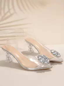 Rhinestone Decor Clear Strap Slingback Pumps, Women's Transparent High Heel Pumps With Clear Heels And Rhinestone Detail For Parties, Solid Color - Clear - View 2
