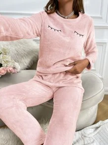 Eyelash & Heart Embroidery Flannel PJ Set / Pajama Set - Baby Pink - View 5