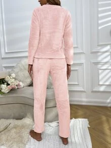 Eyelash & Heart Embroidery Flannel PJ Set / Pajama Set - Baby Pink - View 2