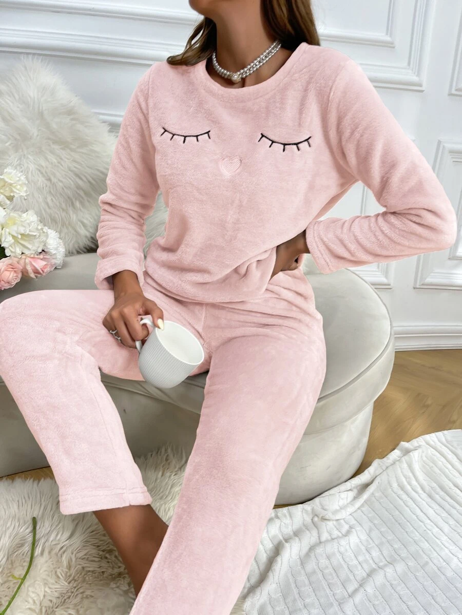 Eyelash & Heart Embroidery Flannel PJ Set / Pajama Set - Baby Pink - View 1