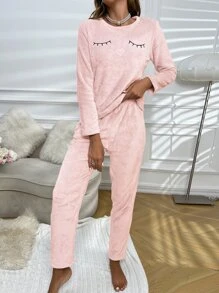 Eyelash & Heart Embroidery Flannel PJ Set / Pajama Set - Baby Pink - View 3