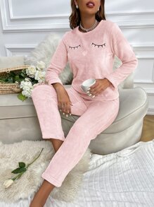 Eyelash & Heart Embroidery Flannel PJ Set / Pajama Set - Baby Pink - View 4