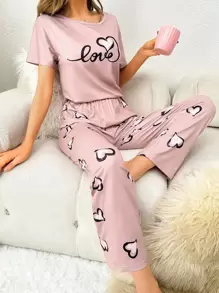 Conjunto de pijama con gráfico de corazón y letra - Rosa vieja - Ver 1