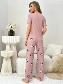 Conjunto de pijama con gráfico de corazón y letra - Rosa vieja - Ver 2