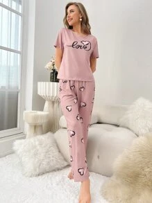 Conjunto de pijama con gráfico de corazón y letra - Rosa vieja - Ver 3