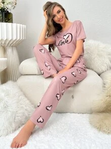 Conjunto de pijama con gráfico de corazón y letra - Rosa vieja - Ver 5