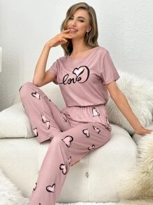Conjunto de pijama con gráfico de corazón y letra - Rosa vieja - Ver 6