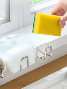 1 pieza Soporte para esponja sin taladro, estante montado en la pared para esponja, escurridor de acero inoxidable para fregadero - Plateado - Ver 1