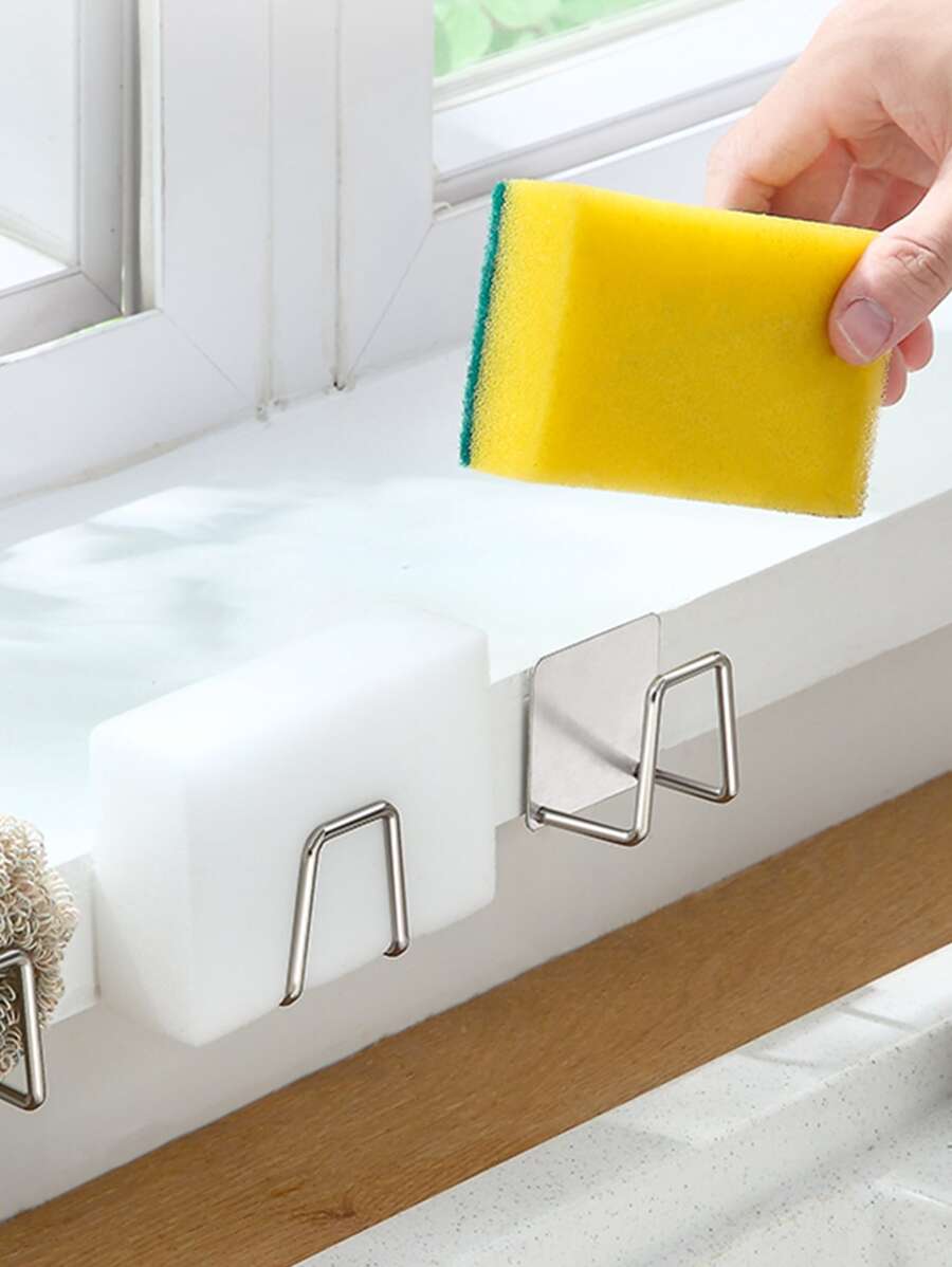 1 pieza Soporte para esponja sin taladro, estante montado en la pared para esponja, escurridor de acero inoxidable para fregadero - Plateado - Ver 1