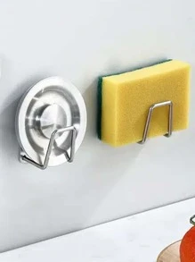 1 pieza Soporte para esponja sin taladro, estante montado en la pared para esponja, escurridor de acero inoxidable para fregadero - Plateado - Ver 4