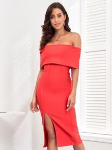 一字肩折邊高衩緊身連衣裙 - 西瓜粉 - 查看 4