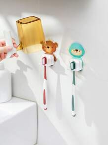 1 pieza Portacepillos de dientes de plástico montado en la pared, organizador de almacenamiento de cepillos de dientes con patrón de dibujos animados de color aleatorio a prueba de polvo con autoadhesivo para baño y decoración del hogar - Multicolor - Ver 2