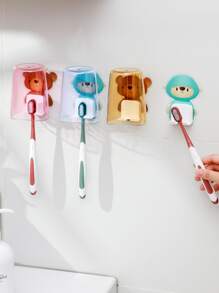 1 pieza Portacepillos de dientes de plástico montado en la pared, organizador de almacenamiento de cepillos de dientes con patrón de dibujos animados de color aleatorio a prueba de polvo con autoadhesivo para baño y decoración del hogar - Multicolor - Ver 4