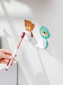 1 pieza Portacepillos de dientes de plástico montado en la pared, organizador de almacenamiento de cepillos de dientes con patrón de dibujos animados de color aleatorio a prueba de polvo con autoadhesivo para baño y decoración del hogar - Multicolor - Ver 6