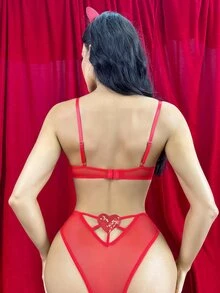 Cut-out Heart Sequin Underwire Lingerie Set - Red - View 2