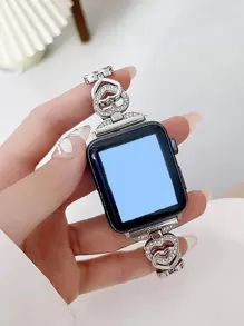 1pc Lovely Double Heart Rhinestone Inlay Loop Chain Compatible With Apple Watch Band As A Gift For Students Returning To School Valentines - Silver - View 1