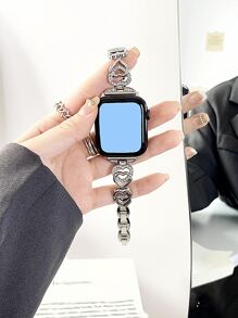 1pc Lovely Double Heart Rhinestone Inlay Loop Chain Compatible With Apple Watch Band As A Gift For Students Returning To School Valentines - Silver - View 2