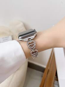 1pc Lovely Double Heart Rhinestone Inlay Loop Chain Compatible With Apple Watch Band As A Gift For Students Returning To School Valentines - Silver - View 4