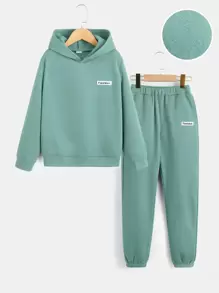 SHEIN Boys Letter Patched Thermal Hoodie & Joggers - Mint Green - View 1