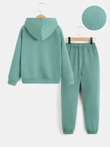 SHEIN Boys Letter Patched Thermal Hoodie & Joggers - Mint Green - View 2