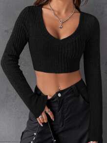 SHEIN EZwear Áo thun nữ Gân đan màu trơn Giải trí - màu đen - Xem 2