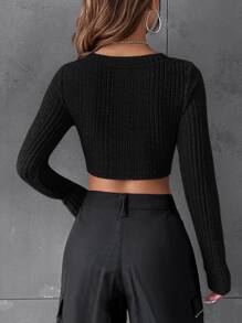 SHEIN EZwear Áo thun nữ Gân đan màu trơn Giải trí - màu đen - Xem 3