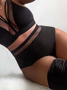 Plus Contrast Mesh Panty - Black - View 3