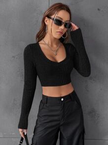 SHEIN EZwear Áo thun nữ Gân đan màu trơn Giải trí - màu đen - Xem 4