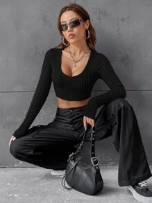 SHEIN EZwear Áo thun nữ Gân đan màu trơn Giải trí - màu đen - Xem 5