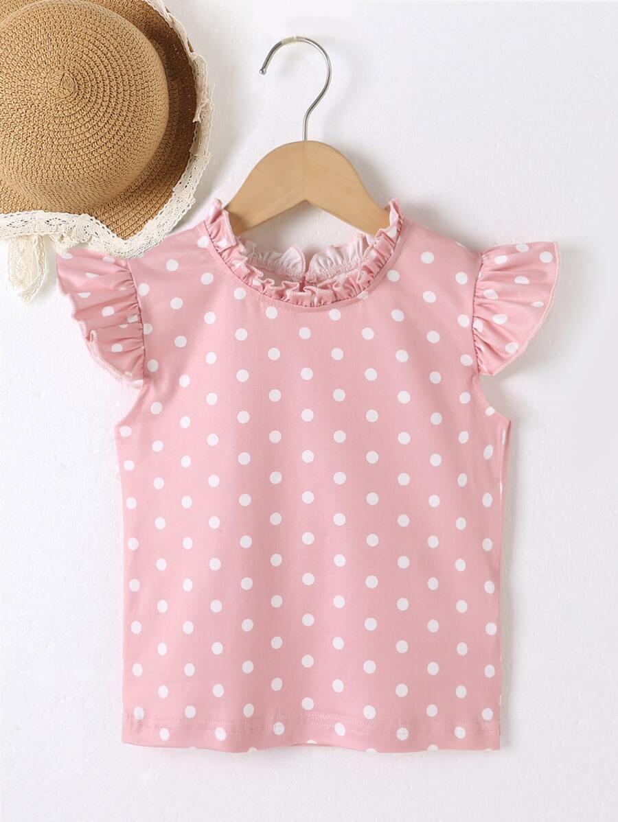 Toddler Girls Polka Dot Print Frill Neck Ruffle Trim Tee - Pink - View 1