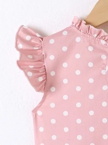 Toddler Girls Polka Dot Print Frill Neck Ruffle Trim Tee - Pink - View 3