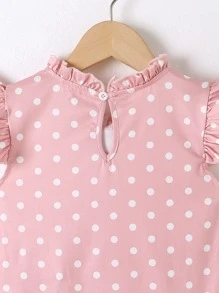 Toddler Girls Polka Dot Print Frill Neck Ruffle Trim Tee - Pink - View 4