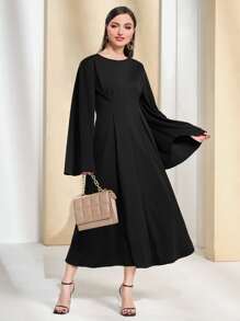 Mulvari Solid Trumpet Sleeve A-line Dress - Black - View 1