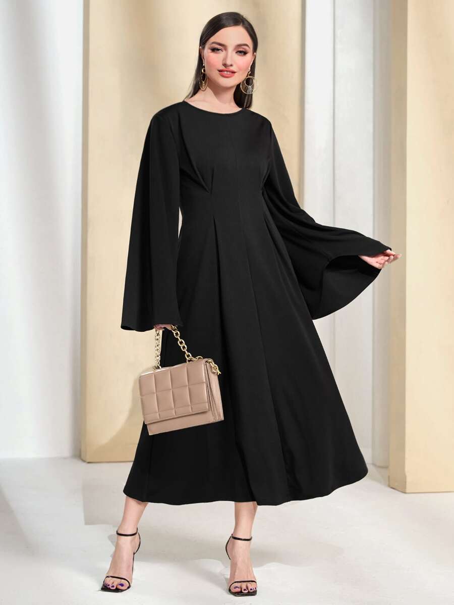 Mulvari Solid Trumpet Sleeve A-line Dress - Black - View 1